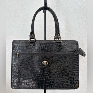 Gorgeous vintage black croc-embossed leather briefcase or tote bag.